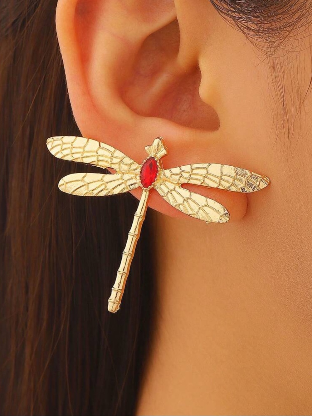 Gold Unique Dragonfly Drop Textured Boho Earrings with Red CZ Gem